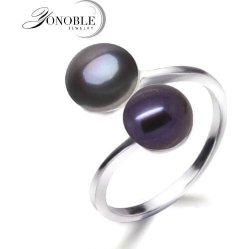 You Noble Wedding black ring natural pearl rings women silver 925 double pearl rings adjustable wife anniversary birthday gift