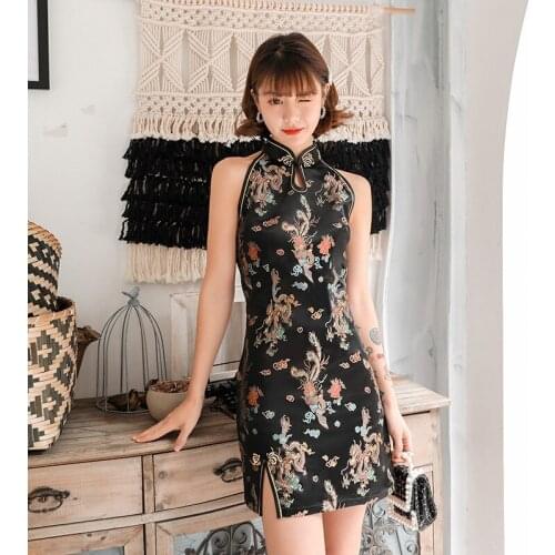 New Summer Chinese National Short Cheongsam Dragon Phoenix Sexy Halter Dress Sleeveless Women Mini Dress Split Dresses Qipao