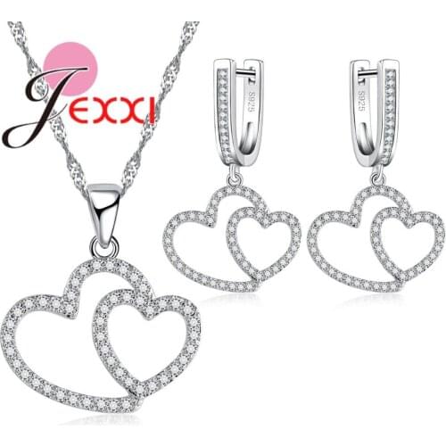 1 Set New 925 Sterling Silver Jewelry Set Fashion Wedding Jewelry Exquisite Double Heart Design Earrings+Pendant+Necklace