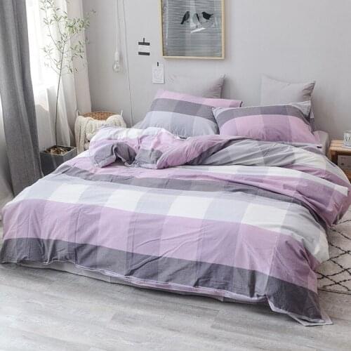 100% cotton Wash cotton 3pcs duvet cover sets(1pcs duvet cover+2pcs pillowcase) purple grey plaid 3pcs bedding sets