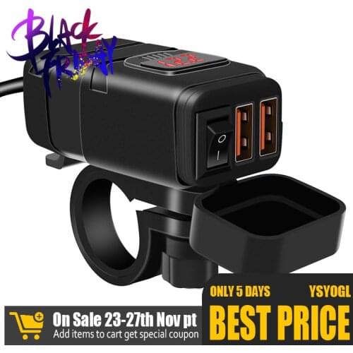 5V3.4A Dual USB Charger Socket Waterproof Motorcycle Handlebar Clamp Power Adapter Charger USB Charging System with Voltmeter