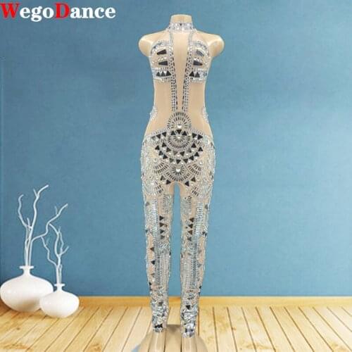 Shining Silver Mirrors Jumpsuit Mesh Dance Costume Women Stage Performance Dance Net Yarn Bodysuit Sexy Nightclub Wear