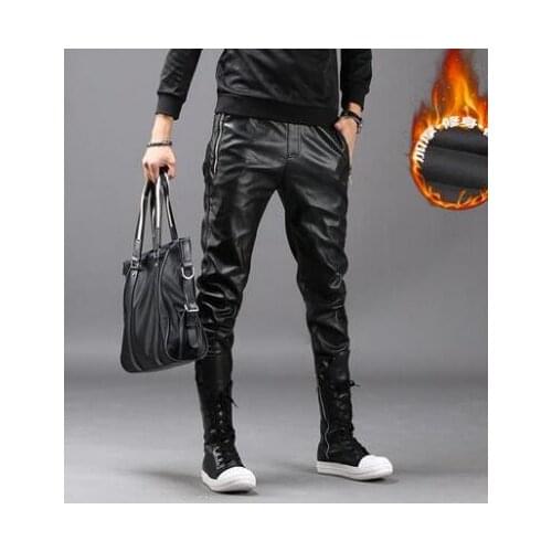 Autumn winter personality fashion motorcycle faux leather pants mens feet pants loose pu trousers for men pantalon homme casual