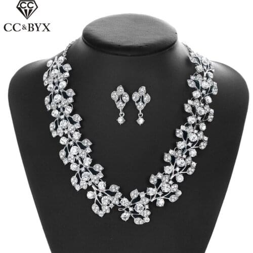 CC Stud Earring and Necklace Jewelry Sets Bridal Wedding Jewelry Sets Shine Stone Cubic Zircon Party Accessories Vintage D059