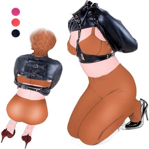 Fetish Womens Open Breast Cupless Leather Straitjacket Top BDSM Bondage Armbinder Restraint Straight Jacket Sex Costume Sex Toy