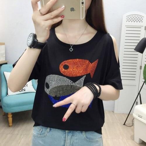GGRIGHT 2021 Korean Fashion O Neck Diamond Knitted T-shirts Women Summer Short Sleeve T-shirt Sexy Off Shoulder Tee Shirt Femme