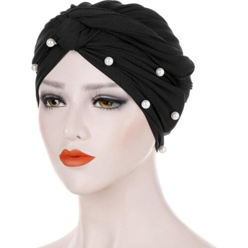 Muslim Women Pearl Cross Cotton Turban Hat Scarf Chemo Beanies Cap Banadans Hijab Bonnet Headwear Head Wrap Hair Accessories