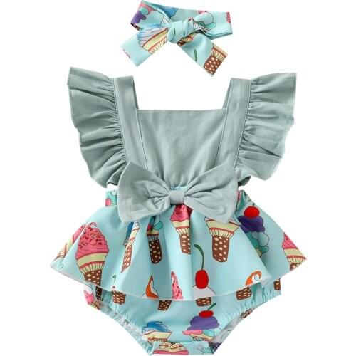 2Pcs Baby Girl Clothes Summer Outfit Ice Cream Print Square Neck Ruffled-Sleeve Romper Hairband For Toddler Girls 0-24 Months