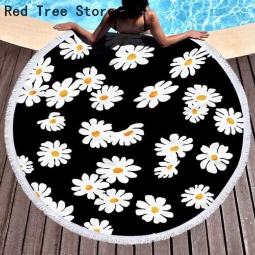 Round Beach Towel 3D Little Daisy Flower Bath Shower Blanket Floral Yoga Mat Ultra Soft Super Water Absorbent Microfiber Cover