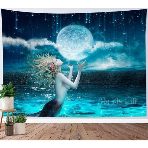 Small Full Moon Over Ocean Tapestry Mermaid Teen Girl Underwater Fantasy Psychedelic Starry Night Sky Galaxy Wall Art