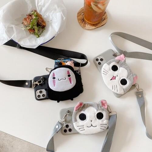 Cute Plush cat soft silicon phone case for Samsung Galaxy S9 S10 S20 Plus A50 A70 S A51 M10 No Face man Satchel Coin Purse cover