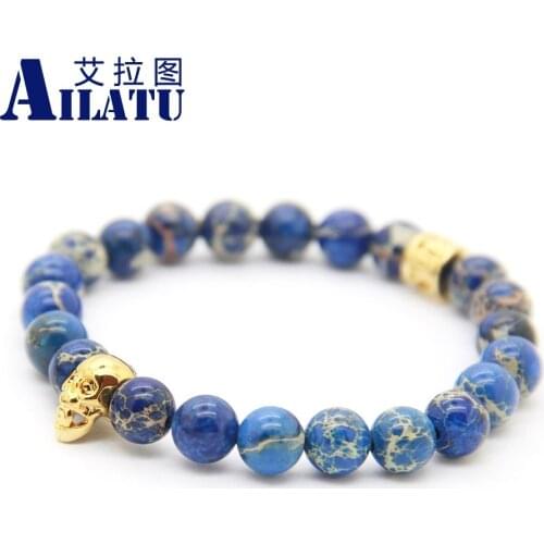 Ailatu New Design Fashion Jewelry 8mm Blue Sea Sediment Stone Beads Skull Bracelet