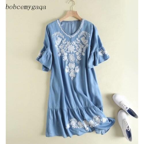 Ruffles embroidery denim dress women short sleeves casual summer denim dresses cotton cute light blue v-neck ruffled dress