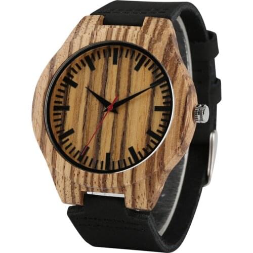 Casual Stripe Wooden Wristwatches Quartz Wood Clock Sport Watch Man Black Soft Leather Strap Mens Watches Gifts New