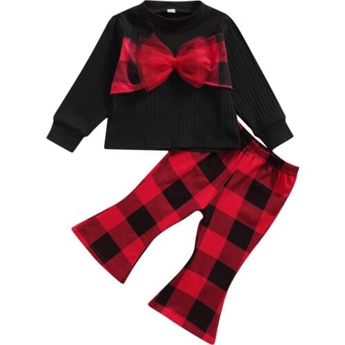 Christmas Children Girls Clothing Sets Toddler Kids Girl Bowknot Pullover Tops+Plaid Flared Trousers Tracksuits Outfits
