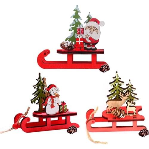 Christmas Sleigh Miniature Wooden Santa Snowman Deer Sled Ornament For Children Gift Desktop Small Ornaments Wooden Detachable