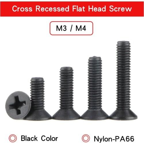 50 PCS Nylon Cross Recessed Countersunk Head Screw M3 M4 Black Color Plastic Insulation cross Flat Head Phillips Screws