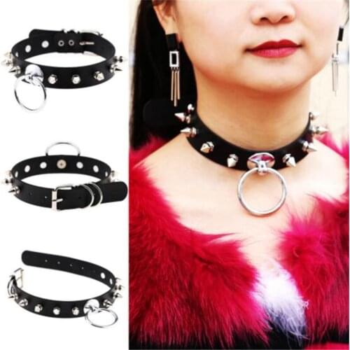 Ahmed Harajuku Spike Choker Metal O-round Pendant Punk Leather Choker Necklaces for Women Gothic Necklace Jewelry Party