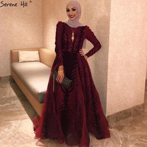 Velvet Muslin Wine Red Evening Dresses Long Sleeves Luxury Design Beading Formal Dress 2021 Serene Hill Plus Size LA60903