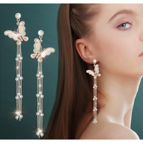 Retro Elegant Butterfly Long Imitation Pearl Tassel No Hole Earrings Korean Style French Butterfly Ear Clip Earrings for Women