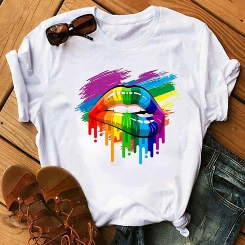 Female Black Cool Streetwear T-shirt Rainbow Lip and Butterfly Print Harajuku Comfortable Women Summer Cotton T Shirt Femme Tops