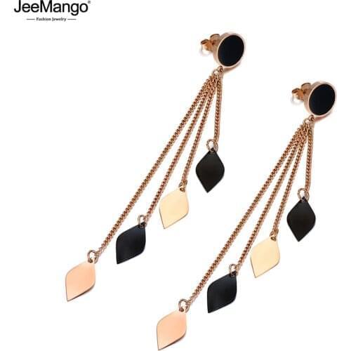 JeeMango Fashion Stainless Steel Geometric Tassel Dangle Earrings For Women Bohemia Black Acrylic Summer Beach Jewelry JE20049