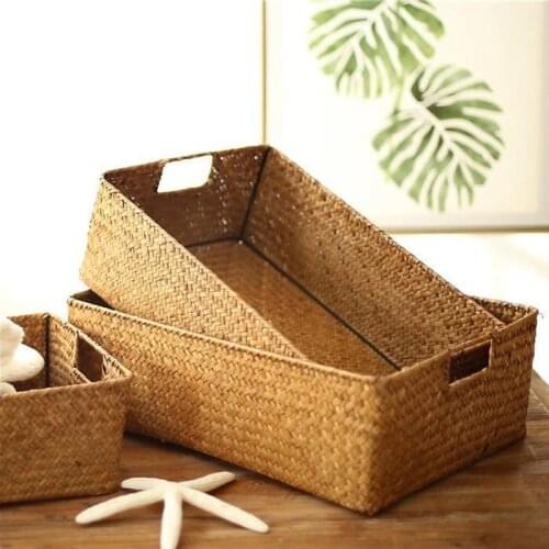 Grass Woven Storage Basket Box Rectangular Rattan Laundry Container Sundries Kitchen Desktop Organizer Makeup Fruit Breed Bastet
