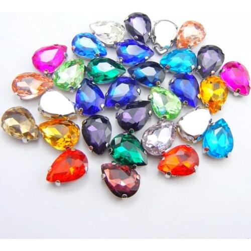 Colorful glass Crystal Silver claw 7 sizes 25 fancy colors water drop teardrop Sew on rhinestones beads garment bags shoes diy