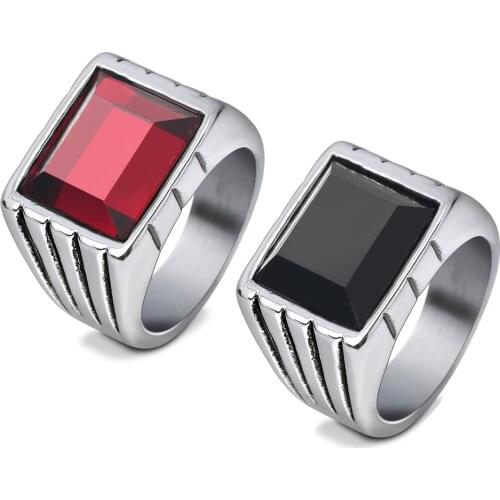 Fashion High Quality Mens Ring Black/Red Crystal High Polished Stainless Steel Mens Jewelry Silver Color Charm Ring For Men