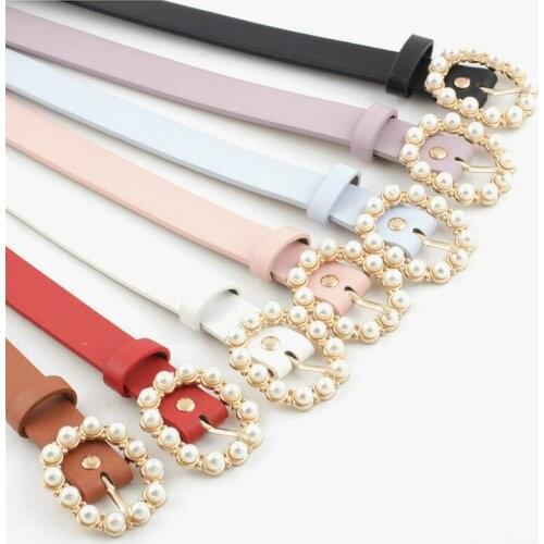 Fashion Pearl Decorative Belt Ladies Belt Round Pin Buckle Pearl Belts Womens Casual Solid PU Leather Thin Belt ceinture femme