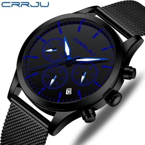 Man Watch CRRJU Chronograph Sport Casual Calendar WristWatch Mens waterproof Dress Quartz watches Black Blue reloj hombre