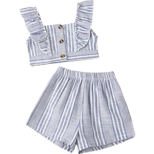 Toddler Girls 2 Piece Summer Outfits Fashion Sleeveless Ruffle Strap Button Down Crop Tops + Shorts Set for 1-6 Years
