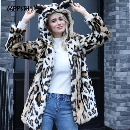 Hooded Faux Fur Coat Women 2020 Autumn Winter Long Jackets Female Casual Vintage Plus Size Slim Leopard Panda Wolf Ear Parkas