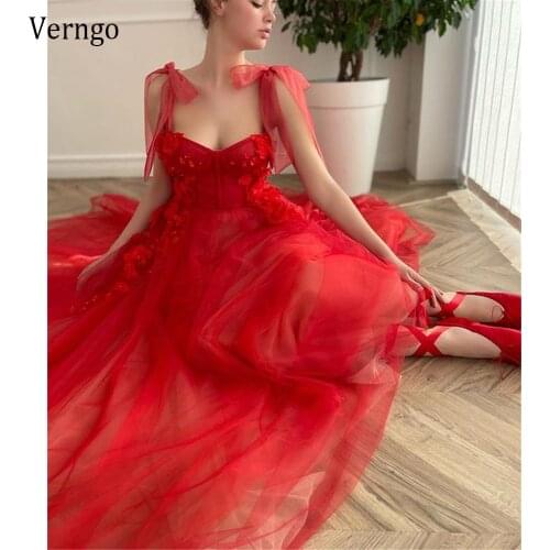 Verngo New Red Tulle A Line Prom Dresses Long Tie Shoulder Straps 3D Flowers Beads Floor Length Evening Gowns 2021 Bride Dress