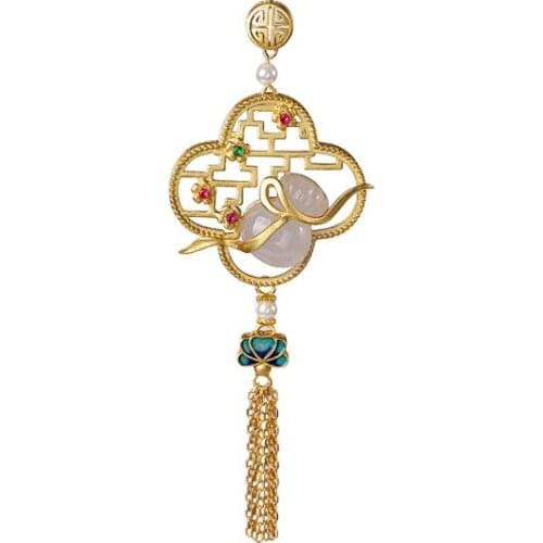S925 sterling silver gold plated Hetian jade Gray jade Smokey violet Chinese style Cloisonne Gourd Screen Tassel Pendant