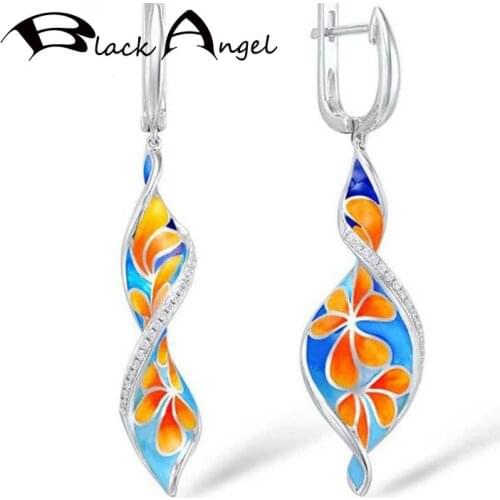 BLACK ANGEL Fashion Blue Green Enamel Egg Flowers Clip Earrings 2020 New 925 Silver Fashion Jewelry Wholesale