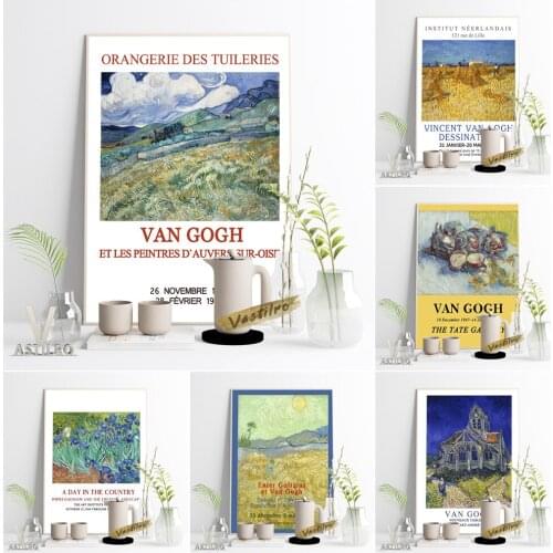 Vincent Van Gogh Impressionism Exhibition Museum Poster Irises Flowers Print Wall Picture The Church At Auvers Retro Home Decor