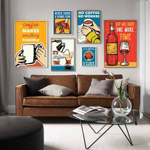 Vintage Illustration Poster No Coffee No Workee Quote Art Print Wine Snob Funny Canvas Painting for Bar Club Men Cave Home Decor