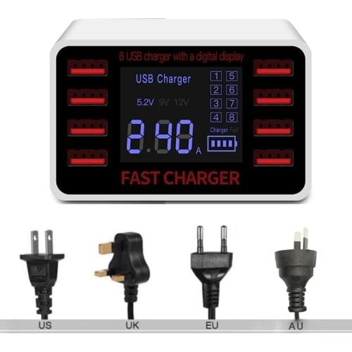 40W USB Charger 8-port LCD Digital Display Real-time Display Smart Identification Charging Power Supply