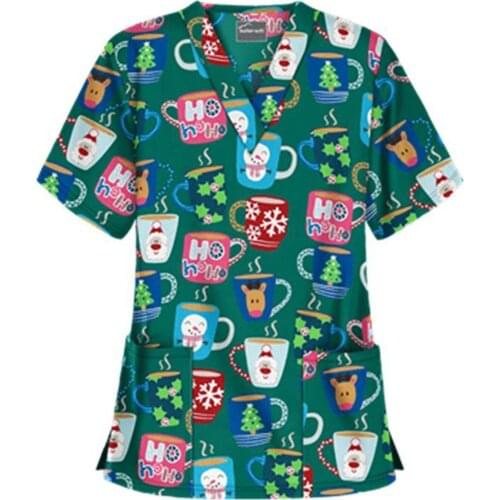 Scrubs Uniform Womens V-neck Christmas Print Tops Short Sleeve Casual Pockets Blouse Nurse Accessories медицинская одежда W5