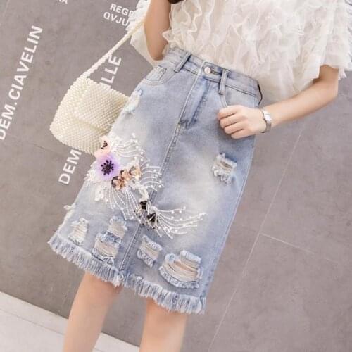 2020 New Summer Women Knee-Length High Waist Tassel Denim Skirts Ladies Fashion Embroidery Ripped Package Hip Jeans Skirts Z80