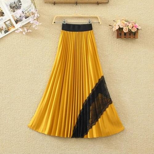 Spring Autumn New High Waist Long Skirts Wiomen Elastic Waist Pleated Skirt Femme Splicing Lace Mid Skirt Women