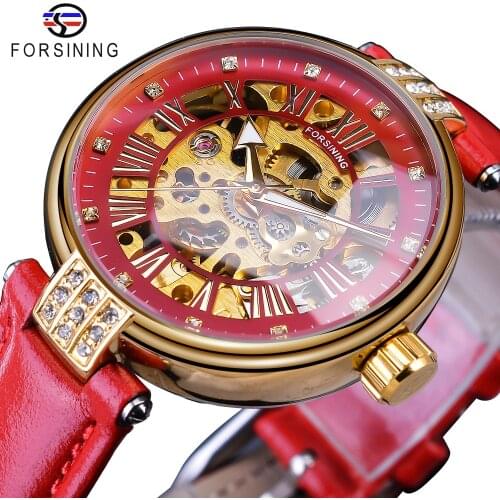Forsining Fashion Golden Skeleton Diamond Design Red Genuine Leather Band Luminous Lady Mechanical Watches Top Brand Luxury