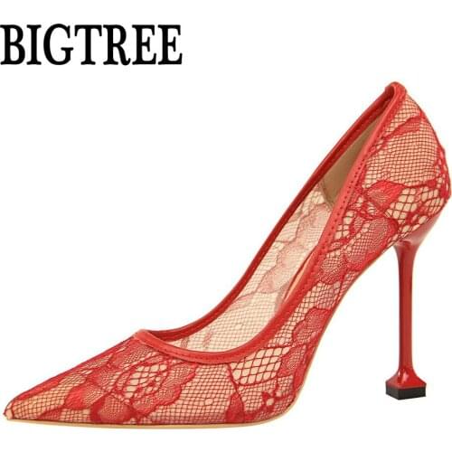 BIGTREE New Fashion Mesh Bud Silk Career Thin Heel Shoes Hollow Out Shallow Pointed High-heeled Shoe Women Single Pumps 17175-11