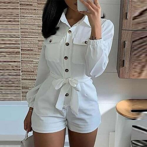 Summer Long Sleeve Shirt Style Women Playsuit Belt Single Breasted Loose Playsuits Female 2021 Fashion New Office Ladies Rompers
