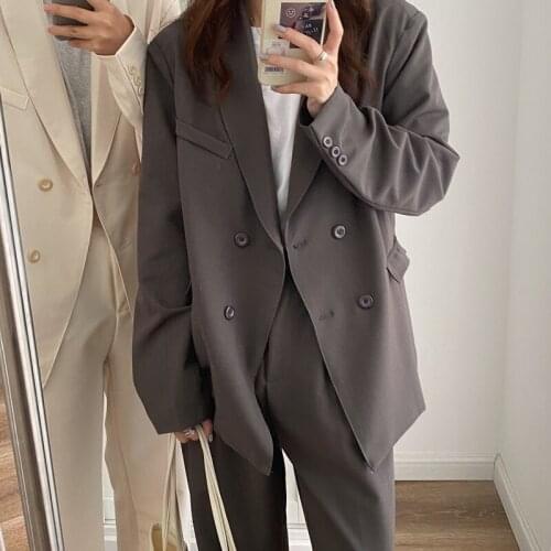 2021 Women Autumn Blazer Suits Two 2 Pieces Set Office Lady Double Breasted Blazers with High Waist Wide Leg Long Pants