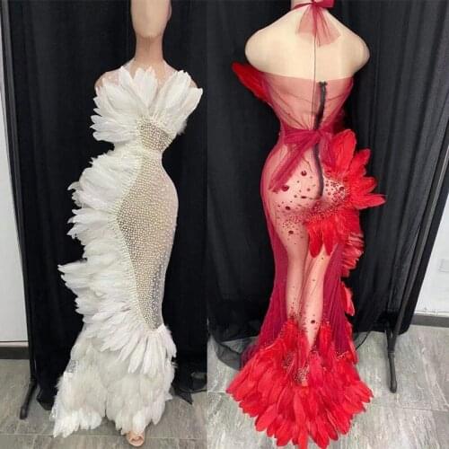 White Red Feather Mesh Transparent Wedding Party Long Dress Women Sexy Prom Halter Rhinestones Outfit Singer Show Stage Costume