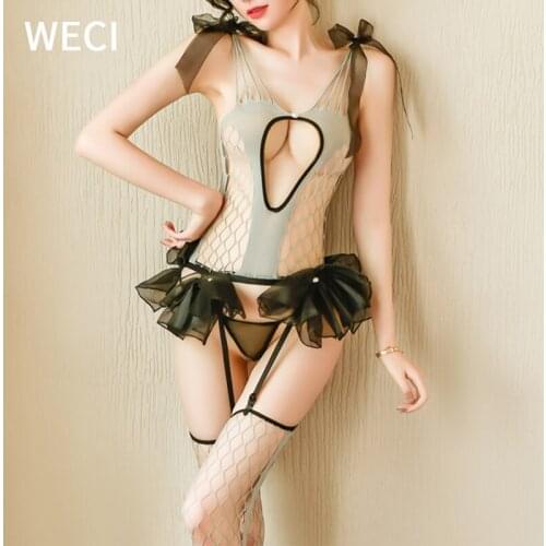 WECI Sexy Mermaid Princess Dress Gothic Erotic Lingerie Women Fairy Net Clothes For Sex Garterbelt Lace Underwear Set Hollow Bow