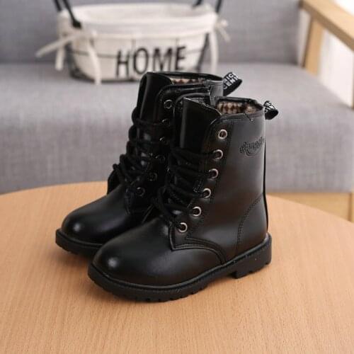 Boys Winter Girls Children Boots Shoes Snow Boots Waterproof Leather Martin Ankle Boot For Children Of The Female Black Red
