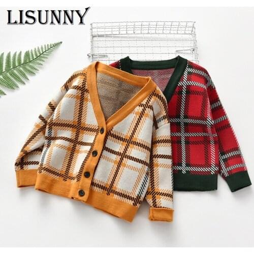 2020 Autumn Winter European American style Boys Girls Sweater V-Neck Baby Plaid Cardigan Kids Clothes Children knit Coat 1-5y